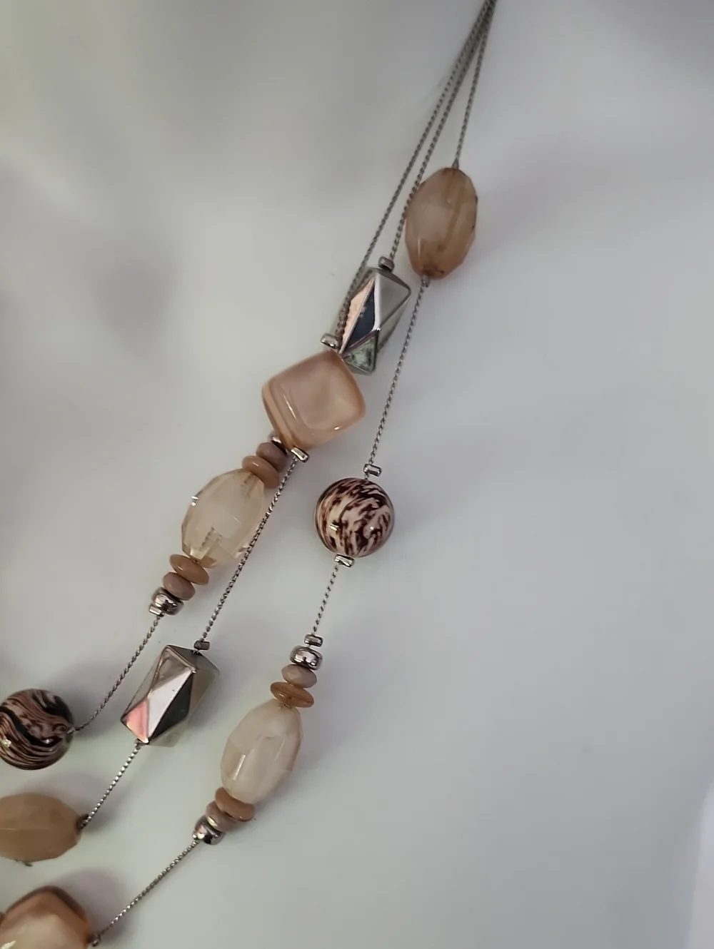 Multi-Strand Beige Stone & Silver Bead Necklace - NY Collection